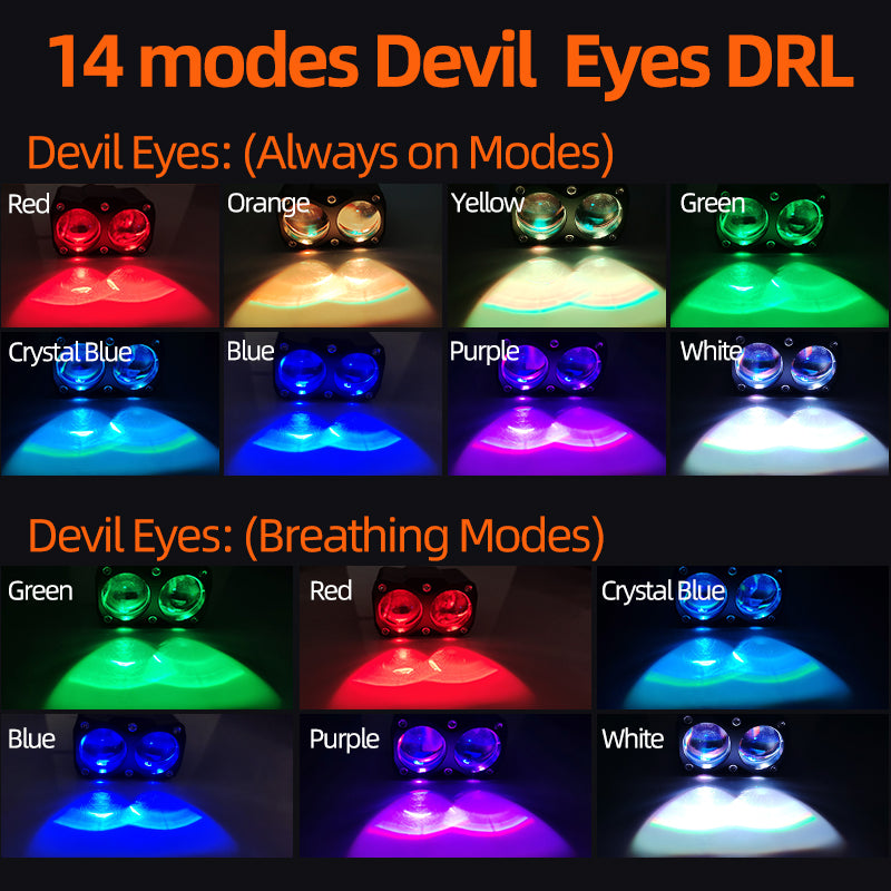 LX5 Motorcycle Bi LED Projector Lens HD Fog Driving Lamp 80W 30000LM Dual Colors Auxiliary Light H/L Beam Strobeflash Devil Eyes DRL