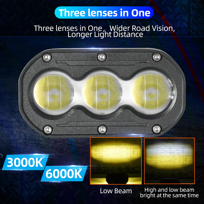 LX6 3-Lens Bi-LED Motorcycle Auxiliary Fog Driving Lights 60W High Low Lens Dual Colors Strobeflash Bike Motorbike Headlight Kit